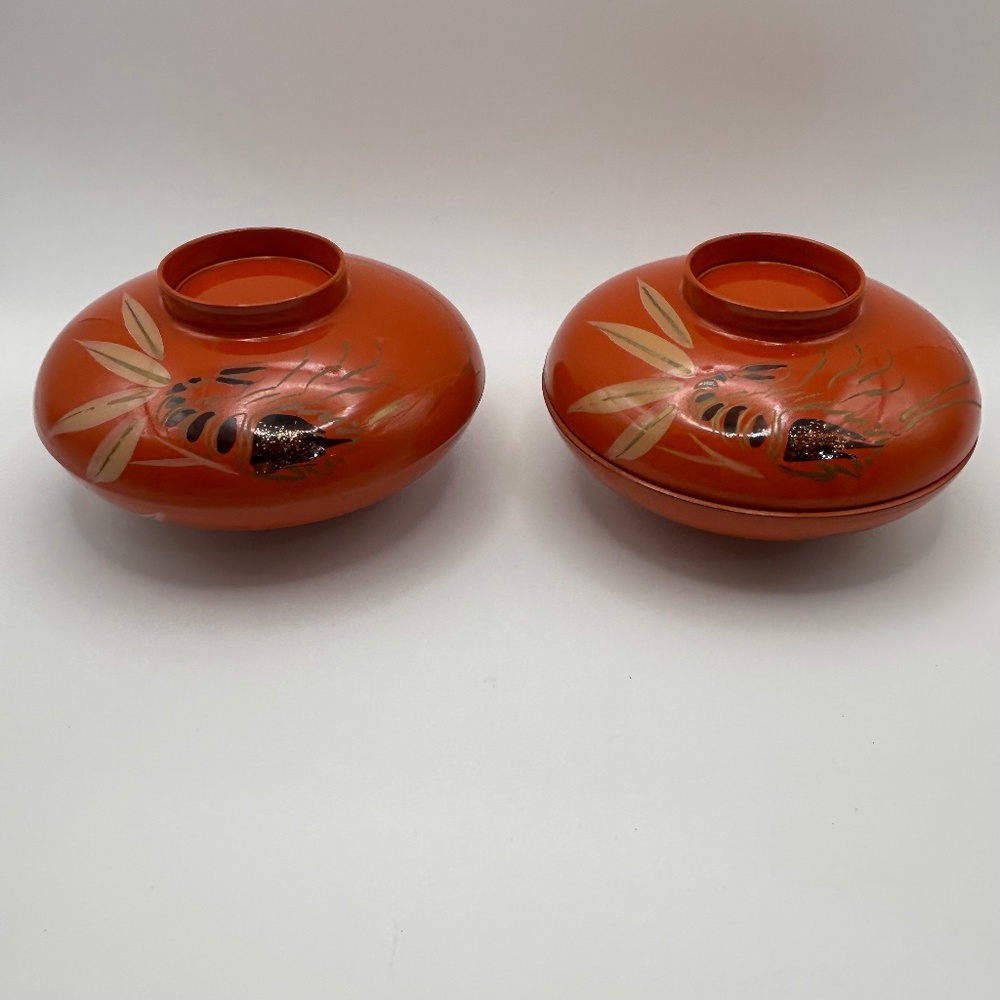 Vintage Japanese Footed Orange Lacquerware Rice Bowls Set of 4 Shrimp Pattern